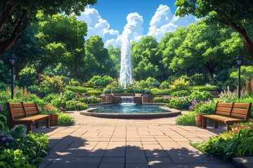 Fototapeta premium Sunny park fountain, lush greenery, benches, relaxing scene, background trees
