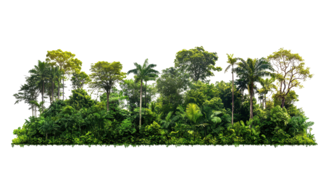 Horizontal image of a thick tropical forest, showing a dense row of various trees and plants, extending across the entire width of the image.