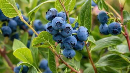 Fototapeta premium A lush blueberry plant with green leaves and clusters of blueberry berries growing in a natural environment
