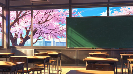 Peaceful School Setting with Desks and Chairs and Cherry Blossoms Full Bloom