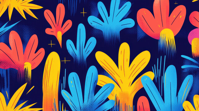 Vibrant jungle life illustration featu stylized tropical foliage with bold colors and a central copy space ideal for text or graphic integration and design elements.