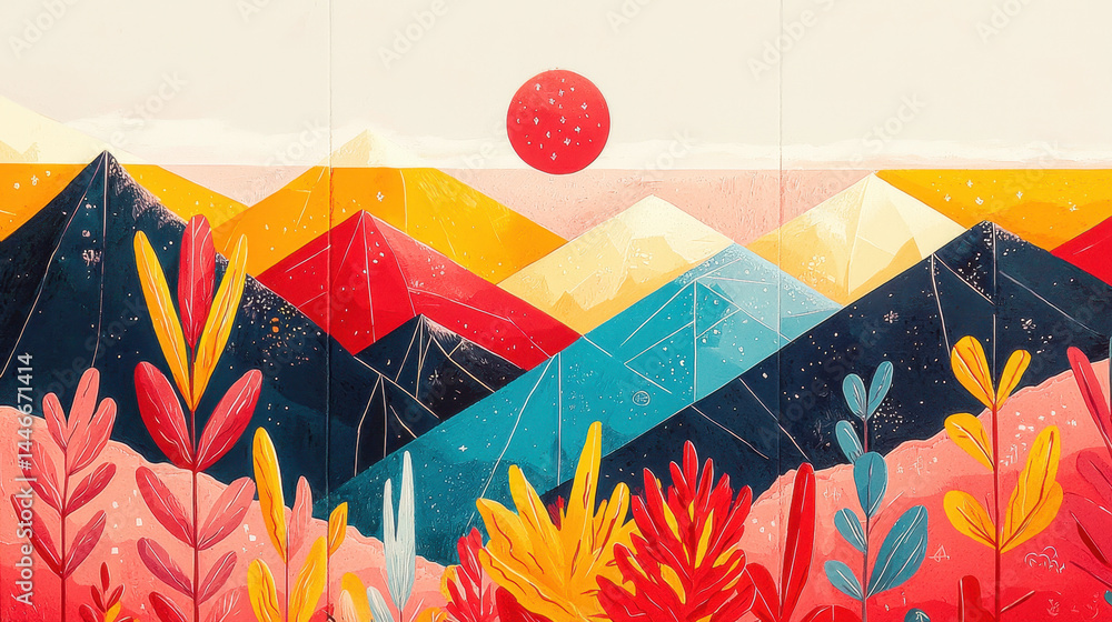 Poster joyful illustration of colorful mountains and plants creates a whical landscape with ample copy spac