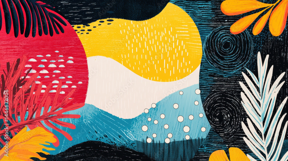 Poster an harmonious coexistence illustration shows colorful abstract shapes and botanical elements with co