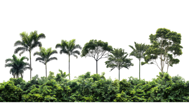 Computer-generated image of a tropical urban setting, showcasing lush vegetation and buildings nestled amidst dense foliage.