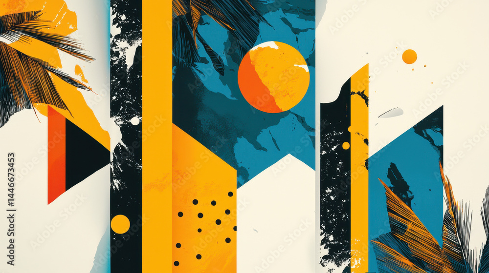 Poster cheerful and friendly illustration featu vibrant yellow and blue geometric shapes with copy space in