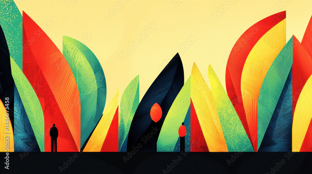 Poster abstract illustration of a colorful botanical garden with friendly rabbit hiding and copy space avai