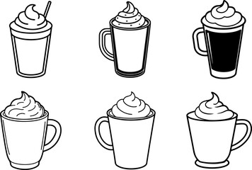 A set of Coffee Whipped Cream on a mog outline vector illustration