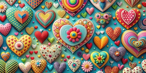 A vibrant collection of decorative hearts with diverse patterns and textures, showcasing a joyful celebration of love and affection