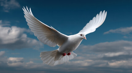 Obraz premium White dove flying with spread wings in blue sky with clouds, symbolizing peace and freedom in serene natural scene