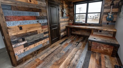 Obraz premium Rustic Reclaimed Wood Interior Design Home Office Wood Walls Floors Desk
