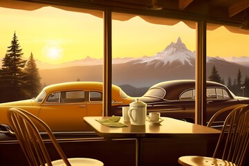 Warm golden sunset over mountain range viewed from diner, two classic cars parked outside, table set for coffee, wooden chairs and beams, scenic landscape