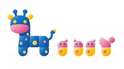 Obraz premium Blocky animal kingdom featuring pixelated giraffe and cute colorful creatures in a cheerful cartoon styled design ideal for children's illustrations