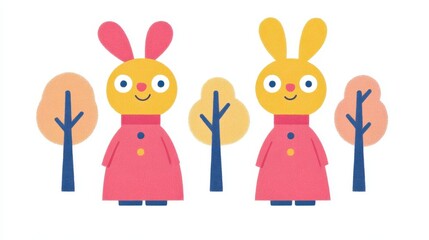 Cheerful bunny twins amidst whimsical trees a joyful spring themed illustration perfect for children's books and playful designs with easter hues
