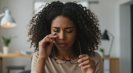 Close-up of a Woman Adjusting Her Glasses, Showing Eye Strain