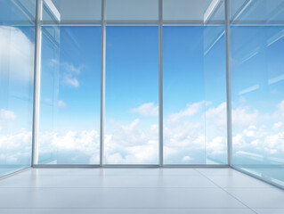 Bright empty room with large floor to ceiling glass windows offering clear view of blue sky with white clouds, creating spacious and airy atmosphere