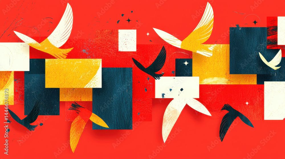 Poster a charming illustration of feathered birds soa across a vibrant red background, with geometric shape