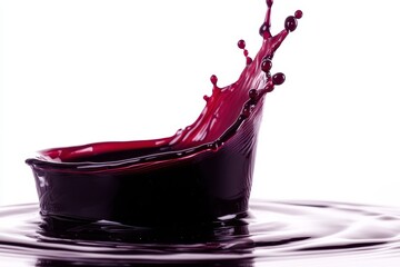 Vibrant crimson liquid splash on a white background, forming a beautiful, dynamic arc above the surface, leaving ripples in the liquid below