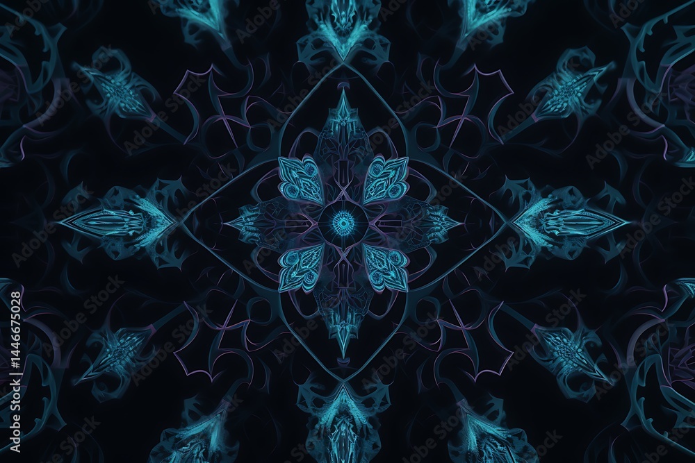 Poster abstract digital art featuring a symmetrical pattern of teal and purple hues on a dark background. t