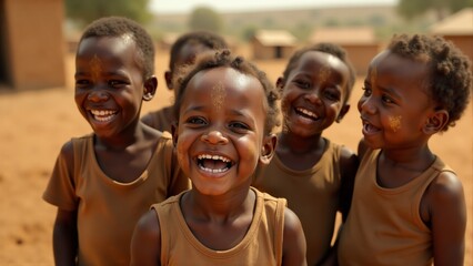Happy African Children Smiling, Village Setting