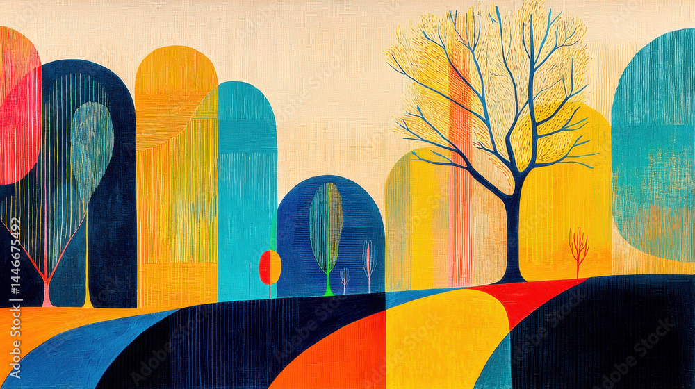 Poster eye-catching illustration displaying stylized trees and foliage in an artistic pattern with vivid co