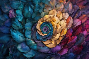 Fototapeta premium A mesmerizing rose crafted from vibrant, iridescent feathers in a captivating spiral arrangement.