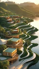 Terraced bamboo resort curves along lakeside slope, fully integrated with landscape. Overhead golden hour view in 48K shows warm tones and real textures.