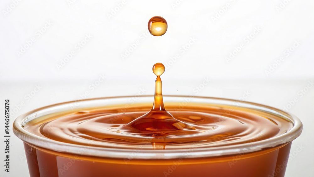 Poster amber liquid drop falling into transparent cup creating splash and ripple effect, captured in high d