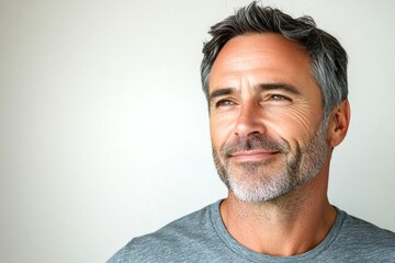 Obraz premium Classy men's shoulder-length taper haircut - midlife white man with grey hair. Pure white solid background. Idea art of style for aging men. A classic and stylish male with a natural smile.