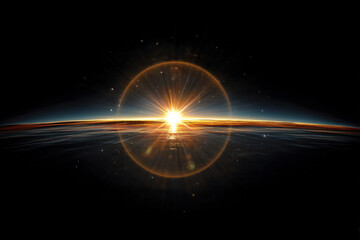 Obraz premium Sunrise over horizon of planet with glowing lens flare effect and starry space background, creating dramatic and inspiring cosmic scene