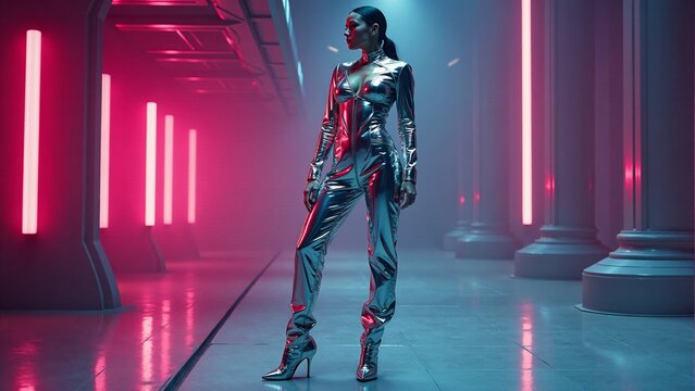 Woman Posing In Futuristic Metallic Jumpsuit