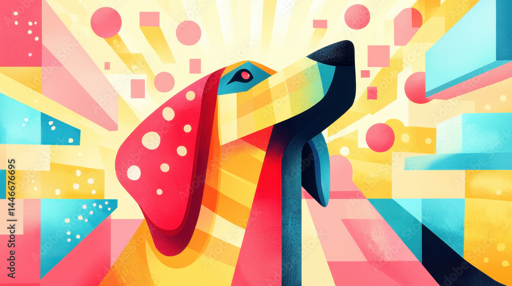 Poster an energetic puppy illustration shines with vibrant colors and geometric shapes, creating copy space