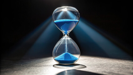 Transparent hourglass with blue sand is illuminated by focused light beams on dark background, symbolizing passage of time and patience in calm setting