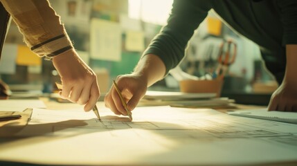 Two people collaborating on blueprints, hands close together over a drawing table.  Sunlight illuminates the work surface