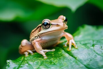 Fototapeta premium Cute Brown Striped Frog Sitting on Green Leaf with Yellow Toes & Detailed Eyes