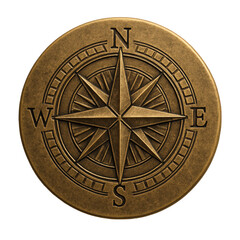 Embossed golden metal compass rose medallion, intricately designed and clearly showing the cardinal directions N, S, E, W.