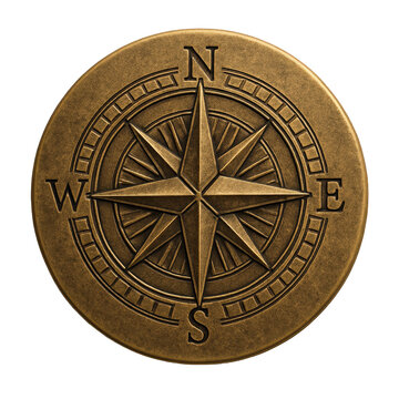 Embossed golden metal compass rose medallion, intricately designed and clearly showing the cardinal directions N, S, E, W.