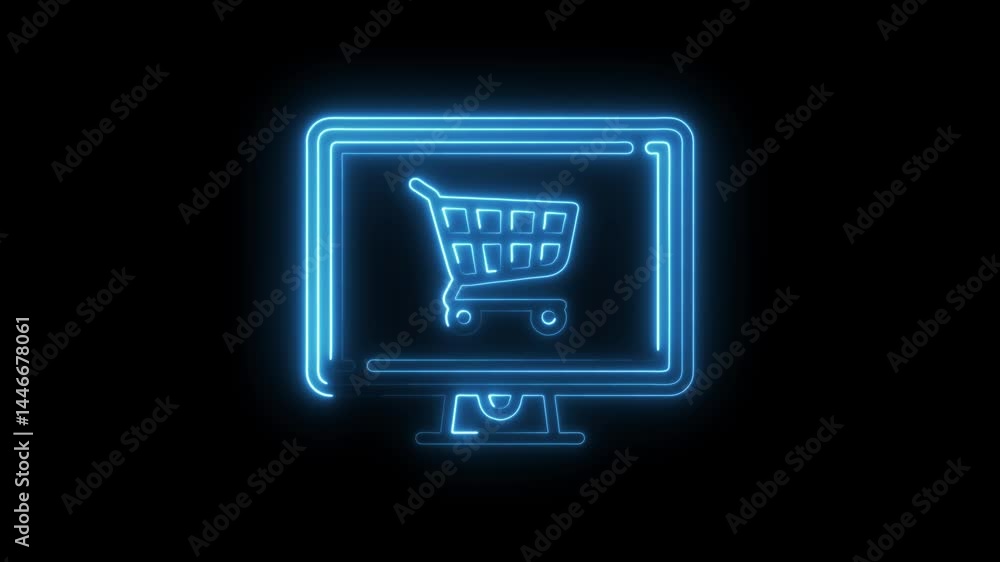 Poster neon computer screen with shopping cart animation on black background