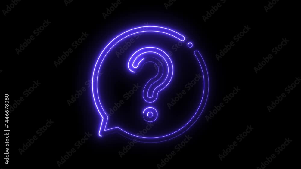 Poster neon glowing question mark in chat bubble animation on black background concept of asking questions 