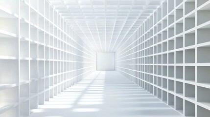 Obraz premium A long, white corridor lined with square shelves stretches into a bright light. Sunlight streams in, creating shadows