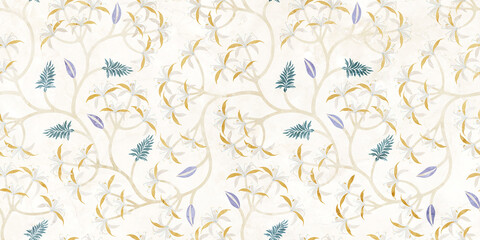 Elegant cream-colored floral pattern with golden accents and scattered teal and violet leaves on a light background.