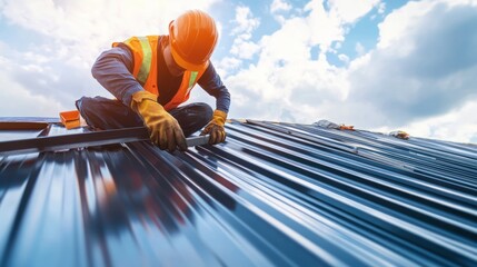 Skilled tradesman skillfully installing roofing with precision and care under bright sky