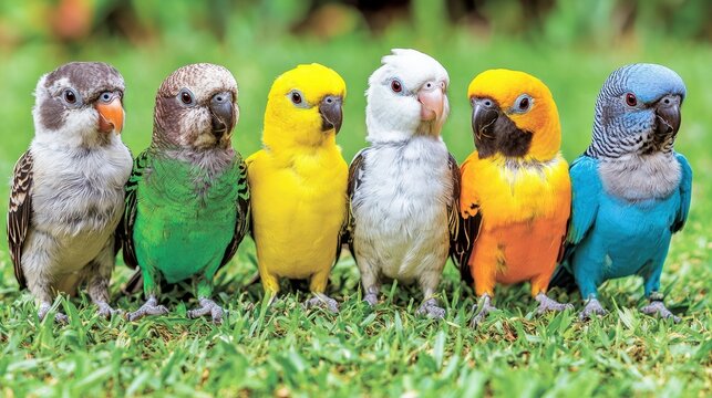 Delightfulavianencountershowcasingvariousplumagedparrotsstandingonlushgreenerybrightcolorsadorableexpressionscreatingvisuallyappealingcolorfulbirds