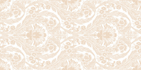 Vintage damask floral wallpaper with a repeating golden-beige motif on textured white.
