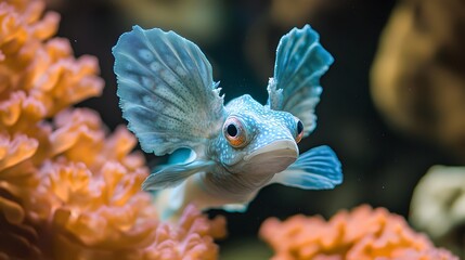 6. Aqua-colored sea creature with large, fin-like ears, swimming gracefully through coral reefs