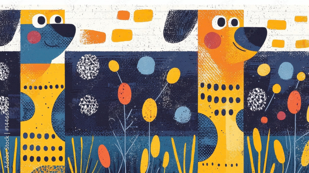 Poster vibrant dog walking adventures unfold in an illustrative scene with playful geometric shapes and gen