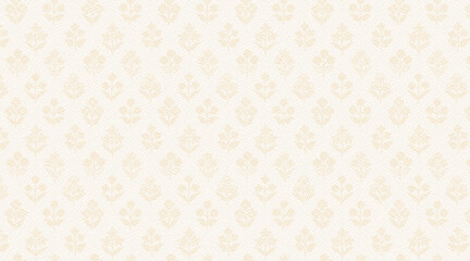 Vintage damask floral wallpaper with a repeating golden-beige motif on textured white.