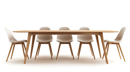 A long wooden table with six white chairs around it