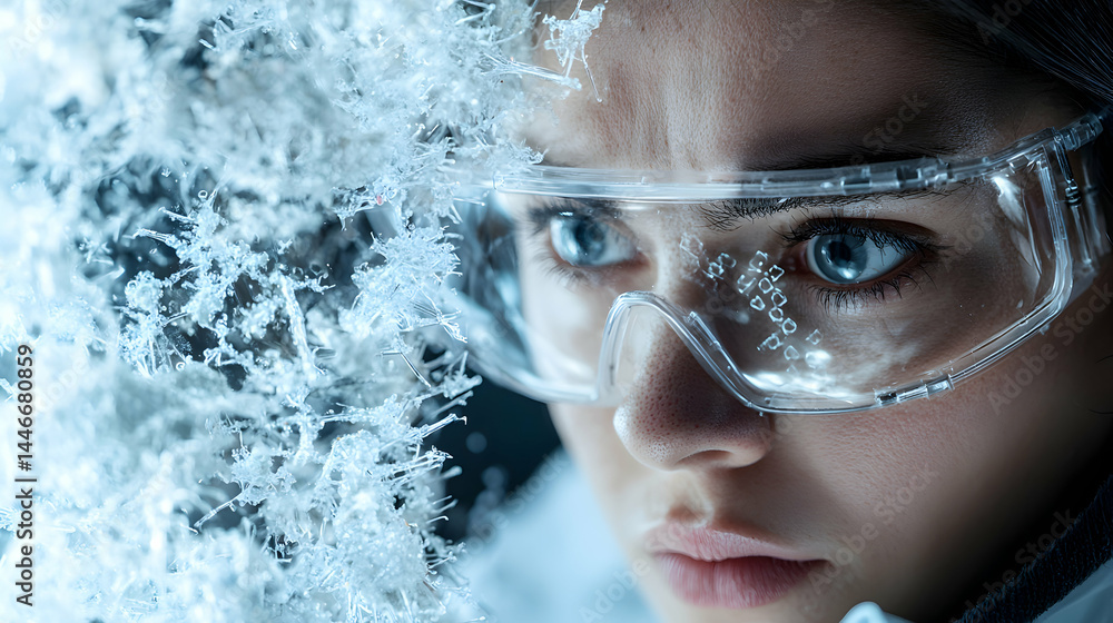 Poster a scientist with protective goggles surrounded by crystal-like structures. ideal for sci-fi themes o
