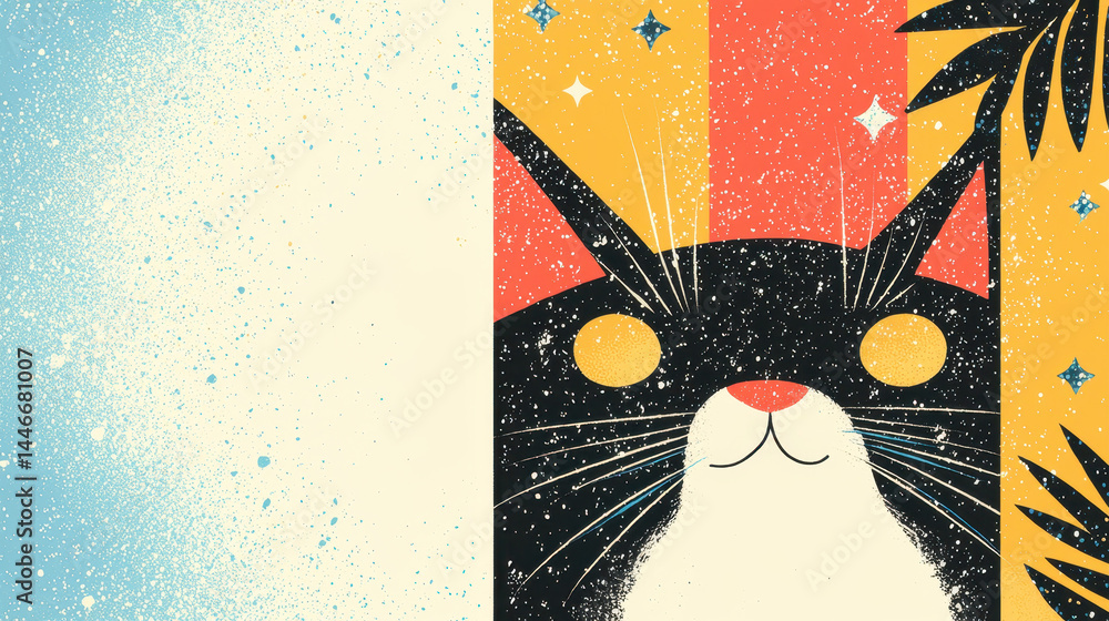 Poster a curious kitten illustration looks upward from a colorful panel, offe copy space on the left side o