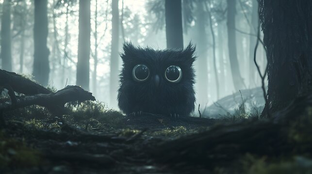 51. Furry forest creature with huge eyes, curiously observing its surroundings in a foggy forest